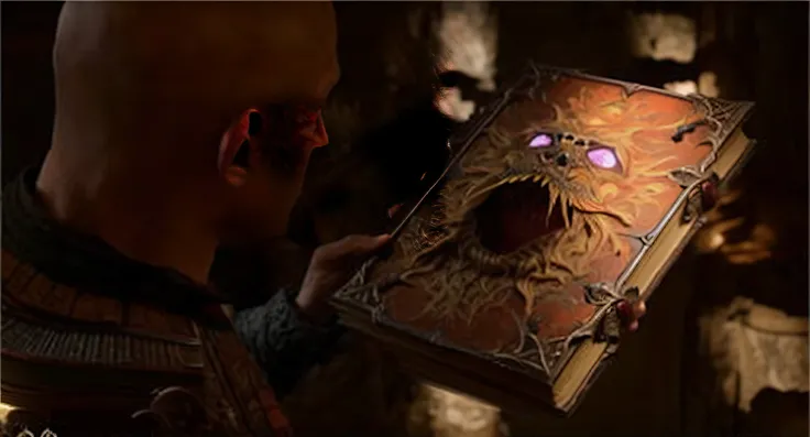 A close-up of a man holding a book，There is a picture of a spider on it, Book of the Dead, holding a tattered magical book, holding a spell book, holding grimoire, Read an evil devil book, spellbook, floating spellbook, path of exile, grimoire, lost grimoi...