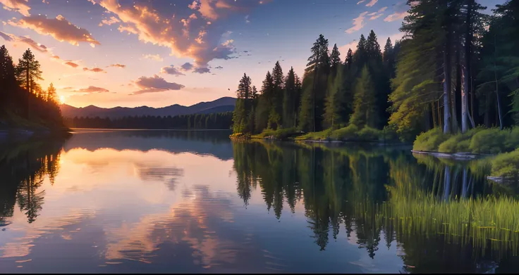 wallpaper, summer, lake, dawn, forest, detailed forest, clouds, masterpiece, cinematic, soft light, depth of field, ray tracing, reflection in water, realism, ulra detailed,