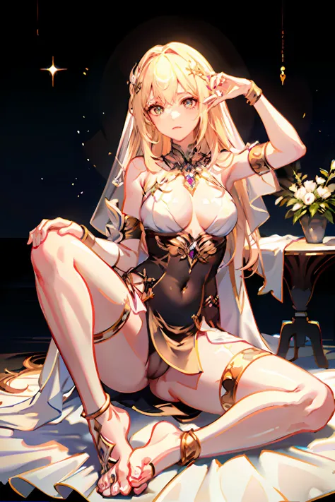 masterpiece, best quality,
1girl, night, Nineveh, meteor shower background, ultra-detailed, solo, looking at viewer, (curvy:1.1), (wavy hair:1.1), (breasts apart:1.3), groin, (pasties:1.3), neck ring, armlet, bracelet, (thighlet:1.2), (white veil:1.2), (ha...