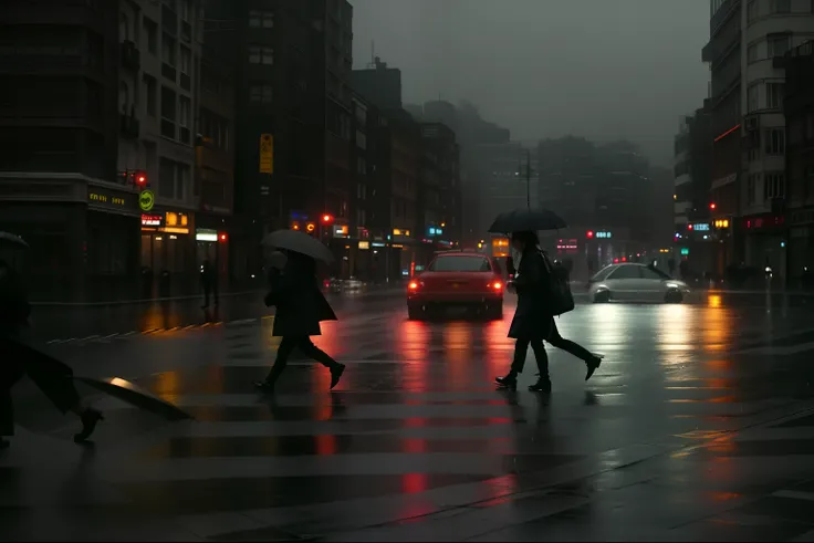 People cross the road with umbrellas in the rain, city street cinematic lighting, Wet streets, rainy streets in the background, at evening during rain, rainy urban streets, gloomy cinematic lighting, Beautiful and cinematic lighting, stunning moody cinemat...