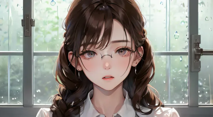 (((1人の女性)))、(Top resolution、Distinct_image) best qualtiy、((early evening))、(((Rain outside the window)))、((Looking out the window))、lecture、​masterpiece、ighly detailed、Semi-realistic、Brown hair、eye glass、Braided hairstyle、deadpan、bangss、21 years old、Mature...