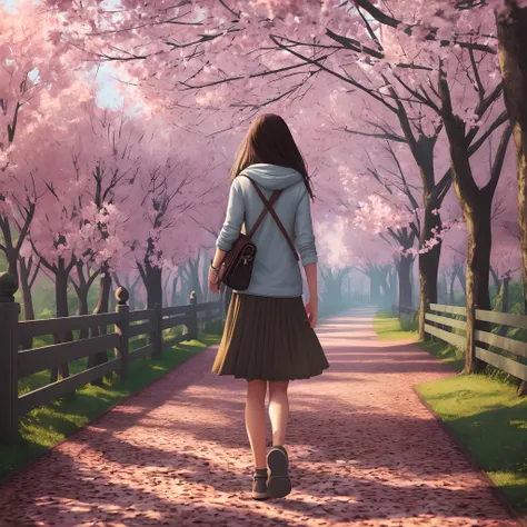 Illustration of a girl walking in Alegre Park, in high resolution, imagem perfeita, alto detalhes 3D, 4k. --auto --s2