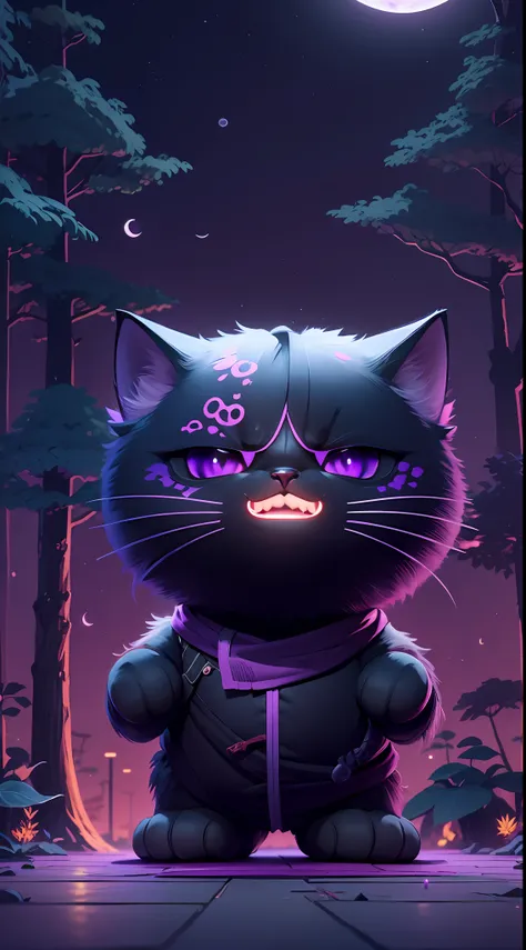 Create a vibrant dark fantasy cute ninja cat in a clean-lined minimalistic cartoon style, in the background a beautiful forest and a bright purple moon, octane render, 8k