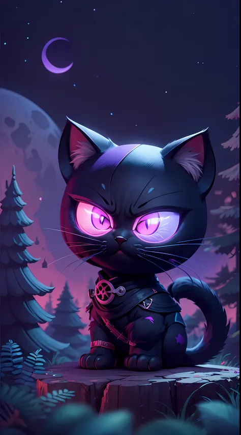 Create a vibrant dark fantasy cute ninja cat in a clean-lined minimalistic cartoon style, in the background a beautiful forest and a bright purple moon, octane render, 8k