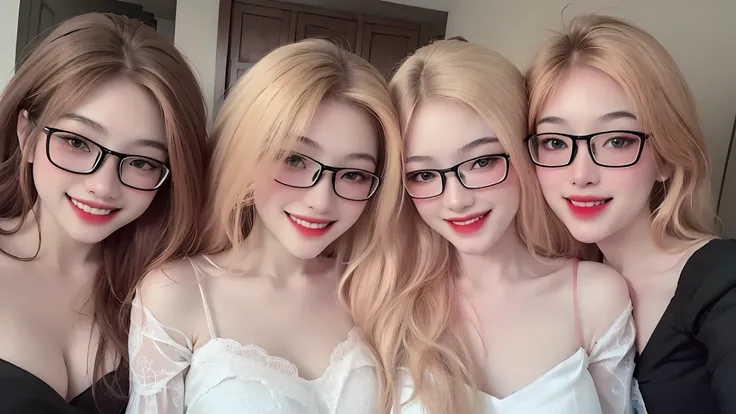 1 girl, glasses girl, ((Best Quality, 8K, Masterpiece:1.3)), Focus: 1.2, Perfect Body Beauty: 1.4, Buttocks: 1.2, (Gigantic Breasts: 1.4), (Gigantic hip: 1.8),(white croptop), Highly Detailed Face, perfect smile, Double Eyelids, White Skin, (((Long blonde ...