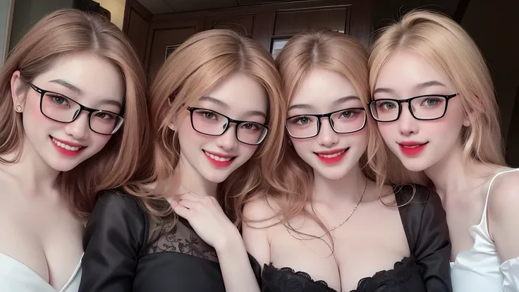 1 girl, glasses girl, ((Best Quality, 8K, Masterpiece:1.3)), Focus: 1.2, Perfect Body Beauty: 1.4, Buttocks: 1.2, (Gigantic Breasts: 1.4), (Gigantic hip: 1.8),(white croptop), Highly Detailed Face, perfect smile, Double Eyelids, White Skin, (((Long blonde ...