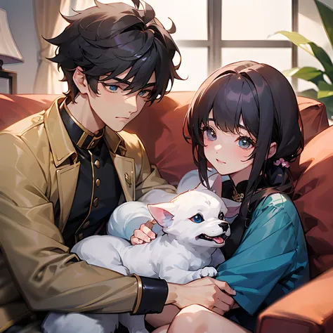 ({handsome boy+beautiful a girl}:1.5)、{girl sitting on sofa at home watching tv snuggles in boy's arms、boy is holding a girl}:1....