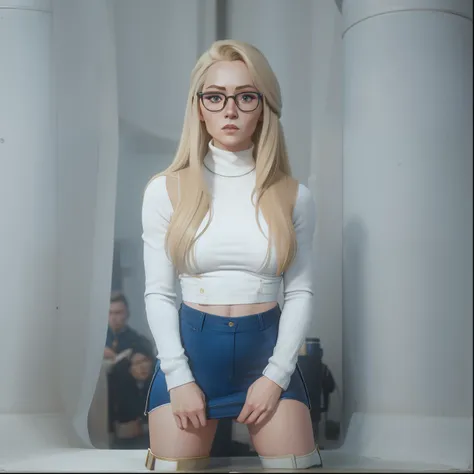 female with long blonde hair, wearing white cropped turtleneck, wearing blue miniskirt, wearing thigh high socks, wearing glasses