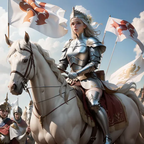 Joan of Arc, Medieval France, riding a beautiful white horse, horse ins rearing, Petite and Lean, Armor with a White Surcoat and Cross, Adobe Photoshop, Realistic Digital Painting, Historical Portrait, High Resolution, Warm light, Symbolic Art, Brave, Reso...