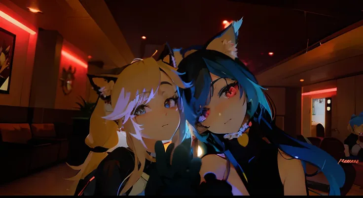 anime characters in a dimly lit room with red lights, vrchat, anime style. 8k, anime styled 3d, anime vibes, chillin at the club together, anime styled, two beautiful anime girls, twintails, 2 d anime style, anime girl with cat ears, anime stylized, in ani...