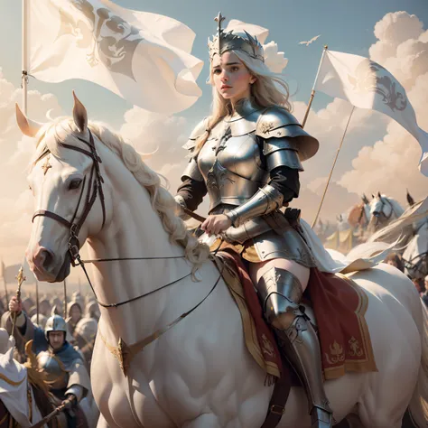 Joan of Arc, Medieval France, riding a beautiful white horse, horse ins rearing, Petite and Lean, Armor with a White Surcoat and Cross, Adobe Photoshop, Realistic Digital Painting, Historical Portrait, High Resolution, Warm light, Symbolic Art, Brave, Reso...