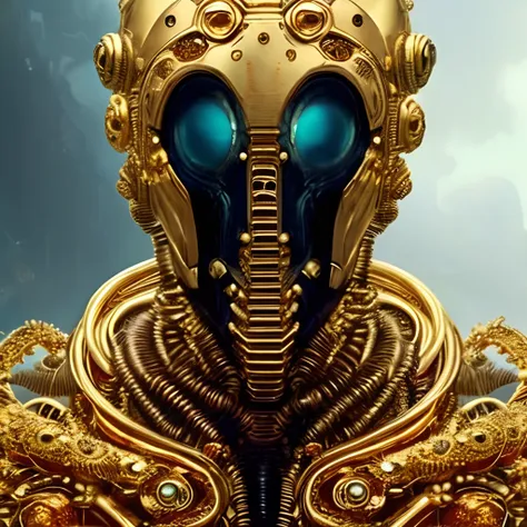 portrait of alien creature that looks like (octopus:human:0.5), cosmonaut helmet, cybernetic helmet, (golden details:1.7), piercing eyes,powerful figure, striking appearance, intricate tattoos, scars, hooded robe, hides their face, only their eyes visible ...