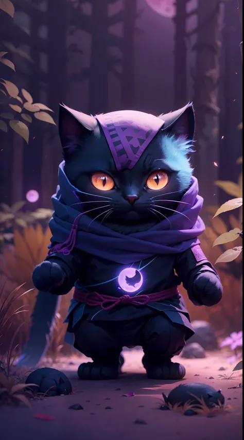 Create a vibrant dark fantasy cute ninja cat in a clean-lined minimalistic cartoon style, in the background a beautiful forest and a bright purple moon, octane render, 8k