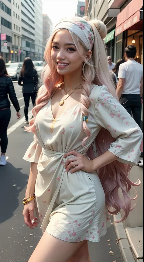 Malay girl very long white shiny hair with double big hair bun with The Bandanna floral headscarf , wear pastel green Floral Print Flounce Sleeve Square Neck Dress with jeans, pink sneakers, smiling, very long white hair, wear gold necklace, front view, ve...