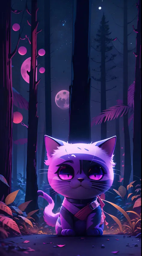 Create a vibrant dark fantasy cute ninja cat in a clean-lined minimalistic cartoon style, in the background a beautiful forest and a bright purple moon, octane render, 8k