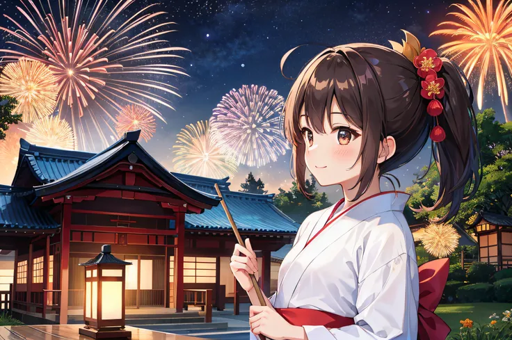 Fireworks full of the night sky、firework background、natta、hi-school girl、soio、cute little、Small breasts、sideways Facing、a smile、a beauty girl、Brown hair、Bonytail、japanes、夏天、Floral yukata、Profile masterpiece, top-quality, hight resolution, ighly detailed, 细...