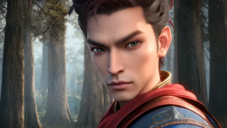 Men in red cloaks and blue shirts in the forest, heise jinyao, character close up, Close-up of people, character portrait closeup, Game CG, inspired by Dai Jin, close up character, character art closeup, a portrait of a male elf, bian lian, xianxia hero, R...