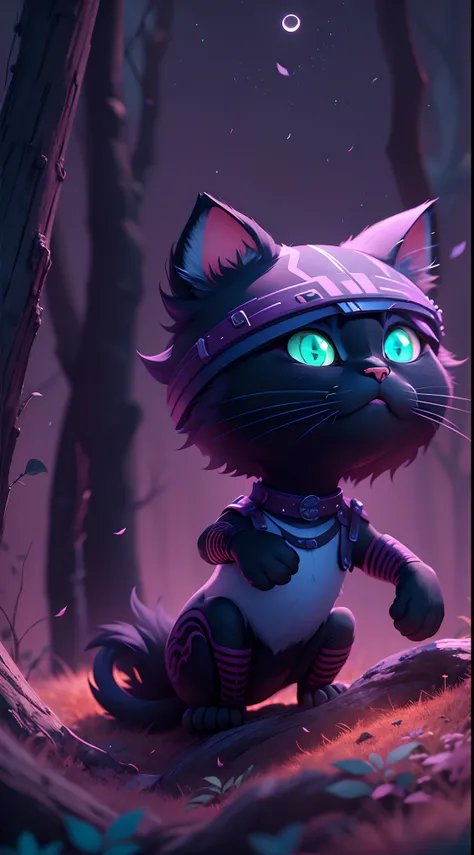 Create a vibrant dark fantasy cute ninja cat in a clean-lined minimalistic cartoon style, in the background a beautiful forest and a bright purple moon, octane render, 8k