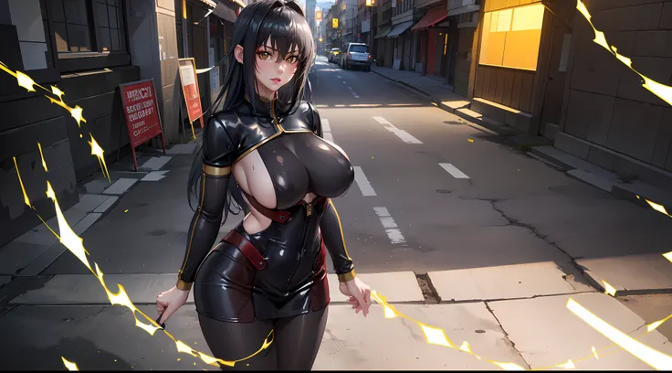 professional artwork, Intricate Details, field of view, sharp focus, detailed painting, photorealistic lighting, trending on pixiv, Standing at attention, black outfit ,yellow collared shirt,black and red bodysuit,skin_tight,black legwear, black pantyhose,...