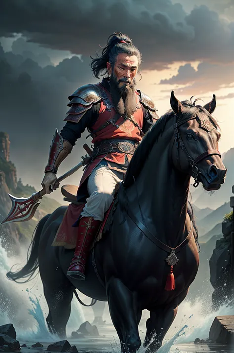 An ancient Chinese man，In the evening of the downpour，The sky is cloudy，Colorful shades，Ride a mighty steed，holding trident，Wearing armor，frontage，Coming from deep in the valley，Hyper-realistic HD photos，large scene