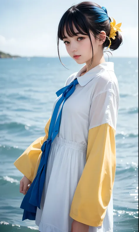 Against the background of the element of water，Light blue double ponytail hair，Yellow bells hang from his hair，Blue and white clothes with milk，Cute cute girl