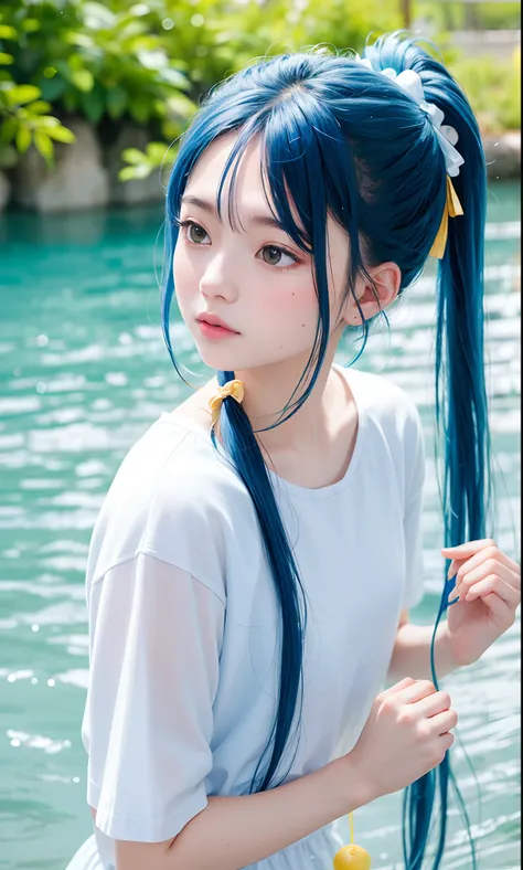 Against the background of the element of water，Light blue double ponytail hair，Yellow bells hang from his hair，Blue and white clothes with milk，Cute cute girl