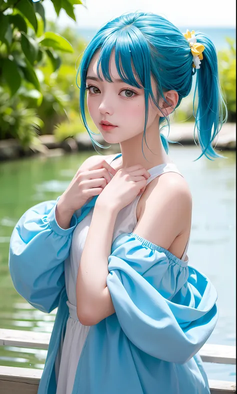 Against the background of the element of water，Light blue double ponytail hair，Yellow bells hang from his hair，Blue and white clothes with milk，Cute cute girl