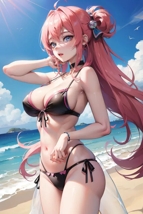 Anime girl posing on beach with pink hair and blue eyes, seductive anime girls, Detailed digital anime art, Digital anime art, [ 4 K digital art ]!!, anime big breast! 4 k, anime big breast! 4K, style of anime4 K, Extremely detailed Artgerm, 4K anime wallp...