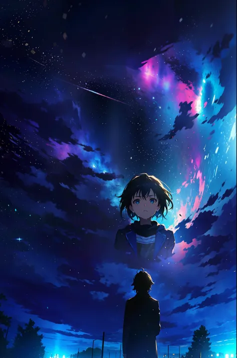 A boy looks up at the stars，The eyes were fixed on the girl，They are in the world of Makoto Shinkai，as《Your name》Generally mysterious and romantic，The perspective of looking up。