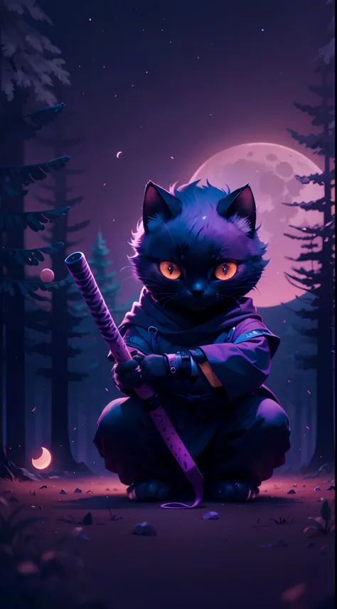 Create a vibrant dark fantasy cute ninja cat in a clean-lined minimalistic cartoon style, in the background a beautiful forest and a bright purple moon, octane render, 8k