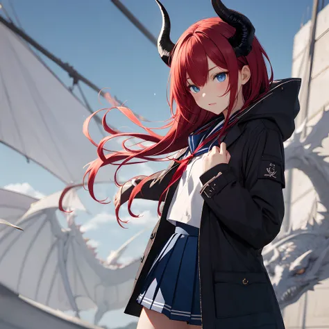 Red hair, Blue eyes, Sailor suit,Black coat, Dragon horns,Pleated skirt,Solo,Loli,Cute,bow