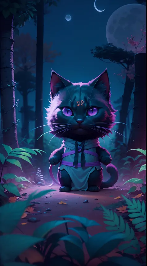 Create a vibrant dark fantasy cute ninja cat in a clean-lined minimalistic cartoon style, in the background a beautiful forest and a bright purple moon, octane render, 8k