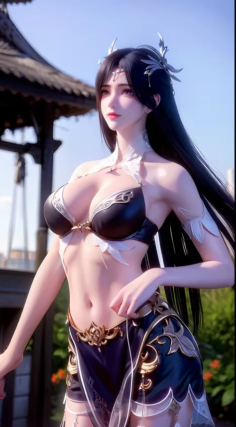 A girl,Wearing a lace bikini,Black lace bra,Black lace super shorts,C cup,perfect bodies,largeeyes,Purple pupils,Black hair,long whitr hair,hair adornments,Ji hair style,eardrop,Be red in the face,is shy,prette,adolable,facing to audience,full bodyesbian,A...