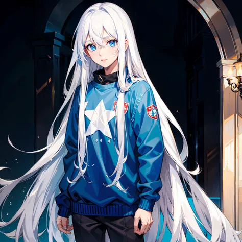 (tmasterpiece，best qualtiy)，A beautiful boy with long white hair，blue color eyes，Wear a sweatshirt with a socialist symbol