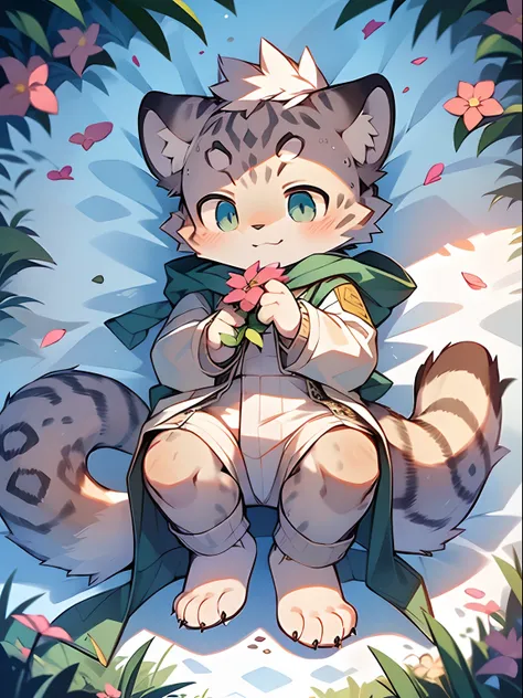 Masterpiece, Best quality, Perfect anatomy, Watery eyes, author：Milk Tiger 1145, author：K0bit0wani, Furry, ((snow leopard)), (Phyllis:0.3), Muscular male, Solo, wears, baggy clothes, wet fur, (Translucent raincoat:1.1), (holding flower:1.1), Lying on the g...