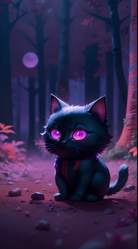 Create a vibrant dark fantasy cute ninja cat in a clean-lined minimalistic cartoon style, in the background a beautiful forest and a bright purple moon, octane render, 8k