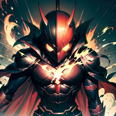 （Wallpapers），（devils），Kamen Rider without horns，Wearing mechanical armor，Carrying a long sword on his back，The eyes glow red，Violent behavior（1.2），Side close-up，The cloak flutters，Black flames surround，Falling raindrops（1.2），The atmosphere of terror is str...