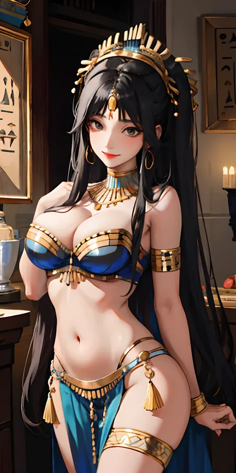 realisticlying、Ancient Egypt、Two girls in Cleopatra style、Clothing in the time of the pharaohs、Slightly emphasizes breasts and cleavage、Face Real、A sexy、Face smile、Breasts enlarged