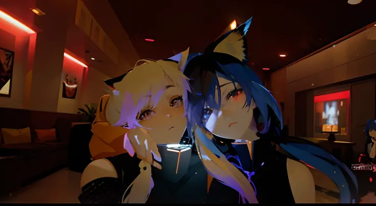 anime characters in a dimly lit room with red lights, vrchat, anime style. 8k, anime styled 3d, anime vibes, chillin at the club together, anime styled, two beautiful anime girls, twintails, 2 d anime style, anime girl with cat ears, anime stylized, in ani...