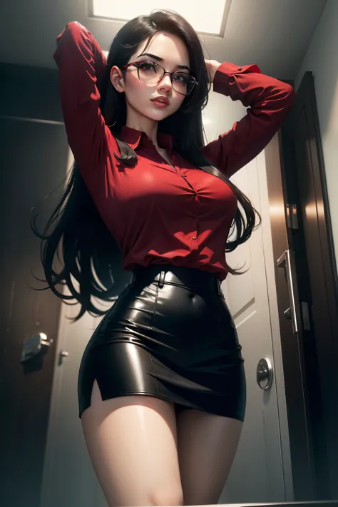 Aesthetic sexy wet short skirt red shirt black short skirt black stockings long hair glasses hands raised