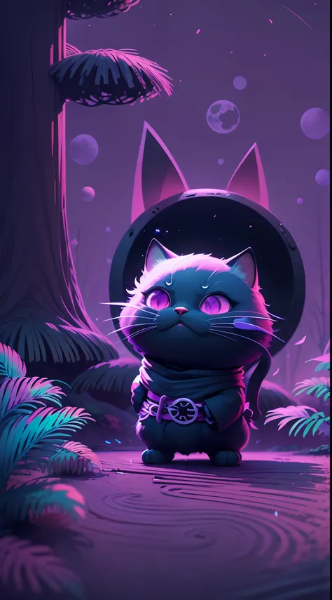 Create a vibrant dark fantasy cute ninja cat in a clean-lined minimalistic cartoon style, in the background a beautiful forest and a bright purple moon, octane render, 8k