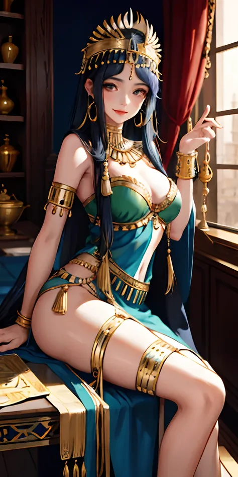 realisticlying、Ancient Egypt、Two girls in Cleopatra style、Clothing in the time of the pharaohs、Put a little emphasis on the valley、Face Real、A sexy、Face smile、Breasts enlarged