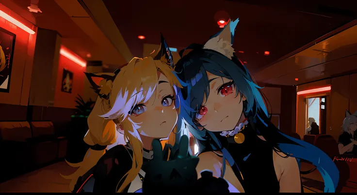 anime characters in a restaurant with a red light, anime style. 8k, from arknights, jazza and rossdraws, anime style 4 k, two beautiful anime girls, vrchat, artgerm and atey ghailan, badass anime 8 k, anime girl with cat ears, from the azur lane videogame,...