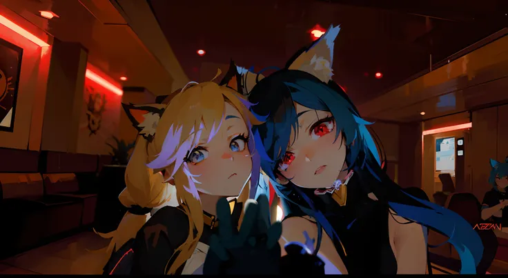 anime characters in a restaurant with a red light, anime style. 8k, from arknights, jazza and rossdraws, anime style 4 k, two beautiful anime girls, vrchat, artgerm and atey ghailan, badass anime 8 k, anime girl with cat ears, from the azur lane videogame,...