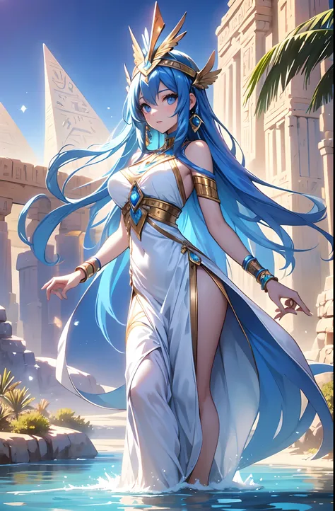 best qualityer，tmasterpiece，Ultimate resolution，downy，Extremely colorful，Colorful，Oasis background，Ancient Egyptian woman，Long azure hair，a matural female，Long white dress in Egyptian style，a white long skirt，Treading water，Desert oasis，Nile River，Normal p...