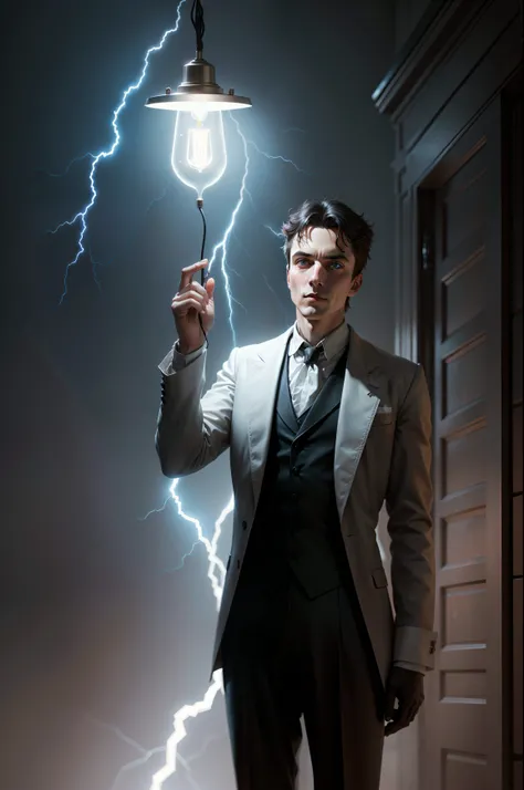 nikolas tesla, with one hand holding a lightning bolt, and in the other hand a lamp