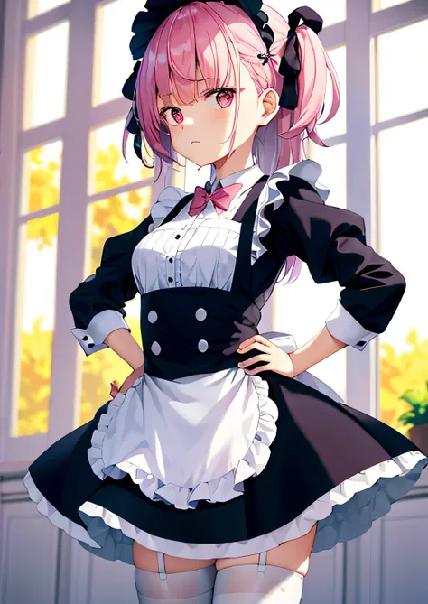 Masterpiece, (1girll:1.3), aprons, bow, cube hair ornament, dress, frilld, gloom (expression), hair adornments, Long hair, (looks away), maid, maid apronl, maid headdress, Mary Janes, one side up, Pink hair, shaded face, shoes, Short dress, Solo, drops of ...