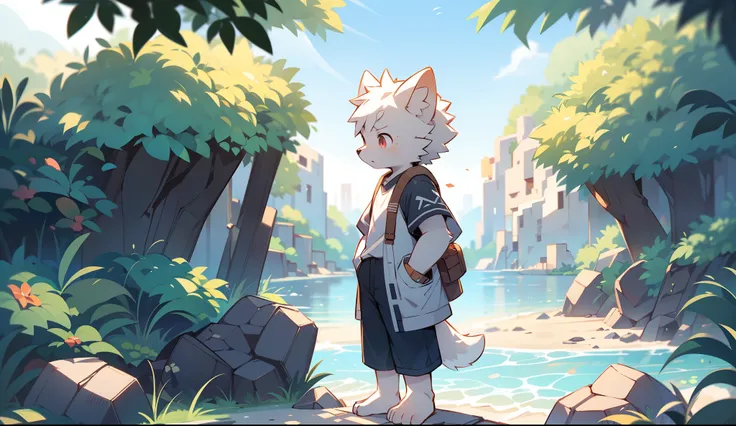 author：Jrjresq, author：Kirito,Libido boy，furry wolf，((Shota)), Black and white hair, Very good figure, Handsome，adolable, Light：Hazy light and shadow, Reflective skin,Reddish skin，((worn-out clothing，Commoner)) ，((beachside，standing on the rock，islands，独奏，...