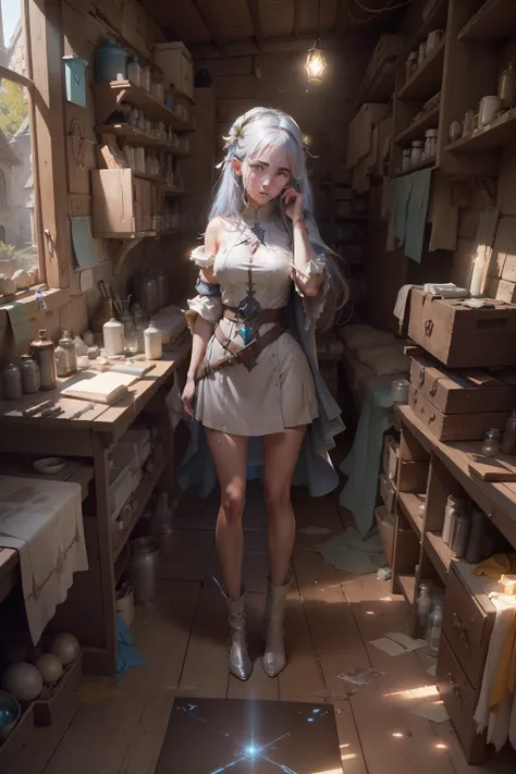 by Greg Rutkowski, model shoot style, (extremely detailed CG unity 8k wallpaper), an loving beautiful saint is doing chemical experiments in an old abandoned medieval hut with grace and a lot of alchemical test tubes, light fantasy style, masterpiece, high...