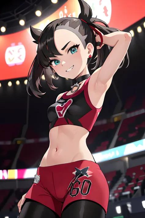 masterpiece, best quality, highres, hmmarnie, aqua eyes, black choker, red ribbon, sexy, armpits, earrings, jewelry, midriff, sp...